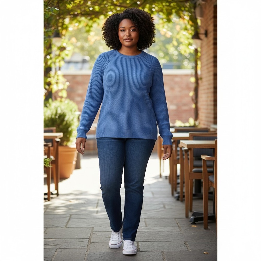 Lands End Blue Ribbed Knit Cotton Sweater XXL Crew Neck Raglan Made in USA 88131